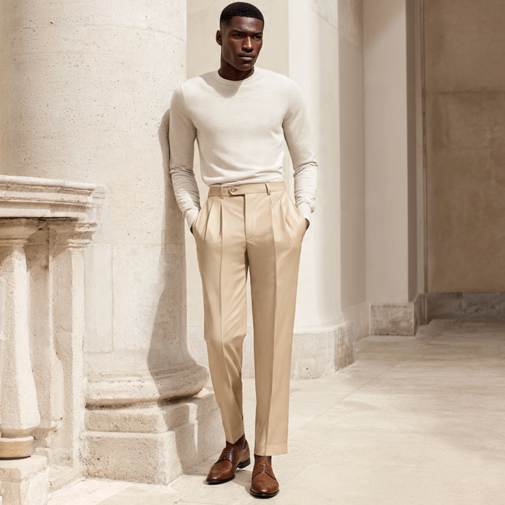 Calça de Alfaiataria Bege em Tecido Selecionado com Elastano e Caimento Impecável