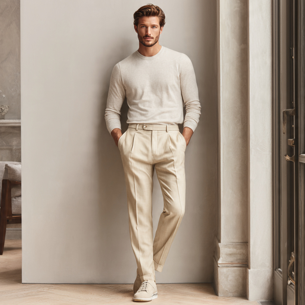 Calça de Alfaiataria Bege em Tecido Selecionado com Elastano e Caimento Impecável