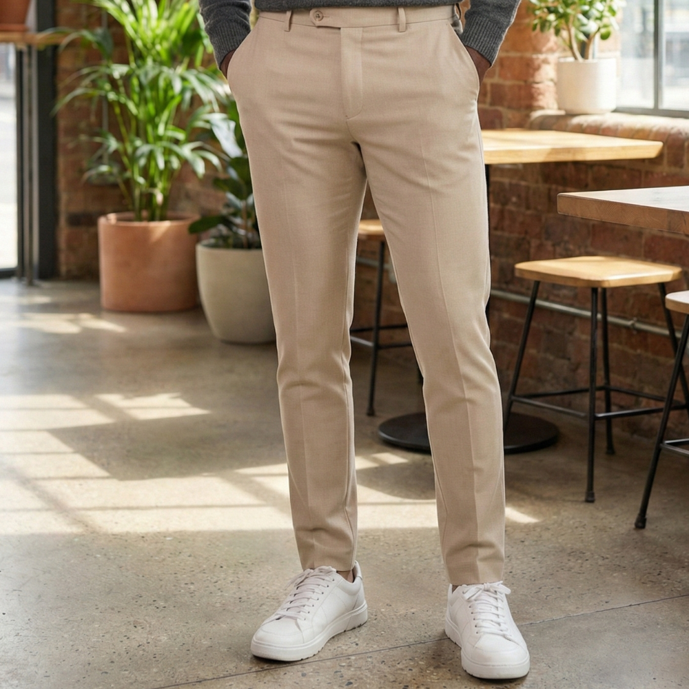 Calça de Alfaiataria Bege em Tecido Selecionado com Elastano e Caimento Impecável