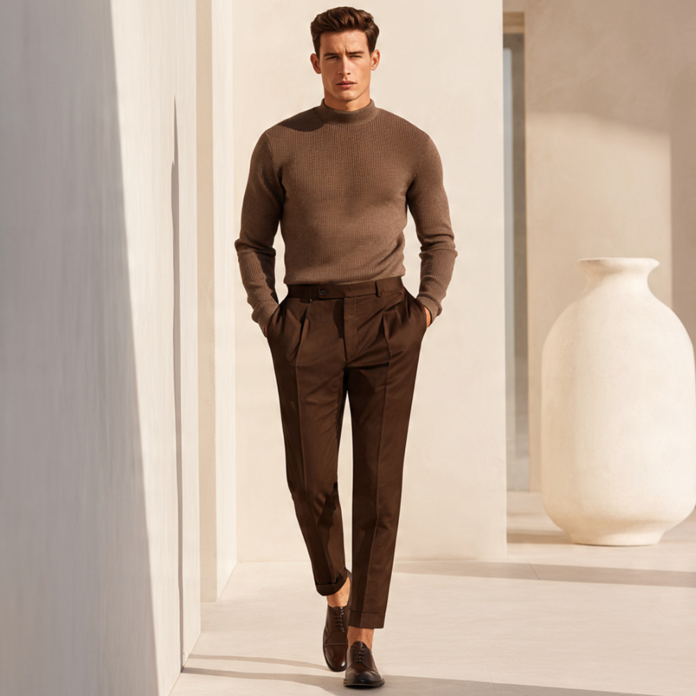 Calça de Alfaiataria Marrom em Tecido Selecionado com Elastano e Caimento Impecável